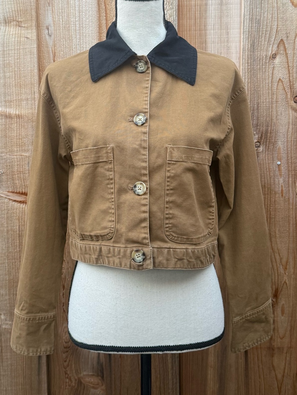 Cropped Brown Utility Jacket with Black Contrast Collar